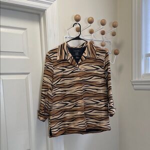 Silkland - Tiger Print Button Down Silk Shirt - Brown Tan - 10